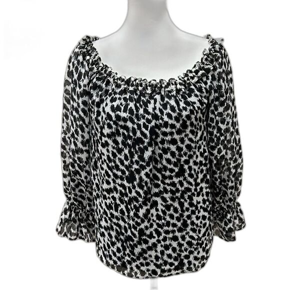 Animal Print Ruffle On Off Shoulder Elastic Trim Blouse Black White Petite L NWT - Picture 2 of 13